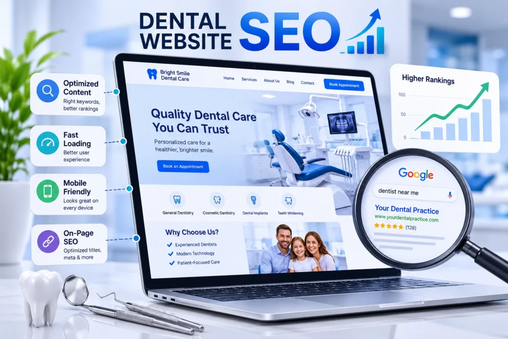 Dental website SEO illustration showing an optimized dental website, Google search results, keyword optimization, fast loading, mobile-friendly design, and higher rankings.