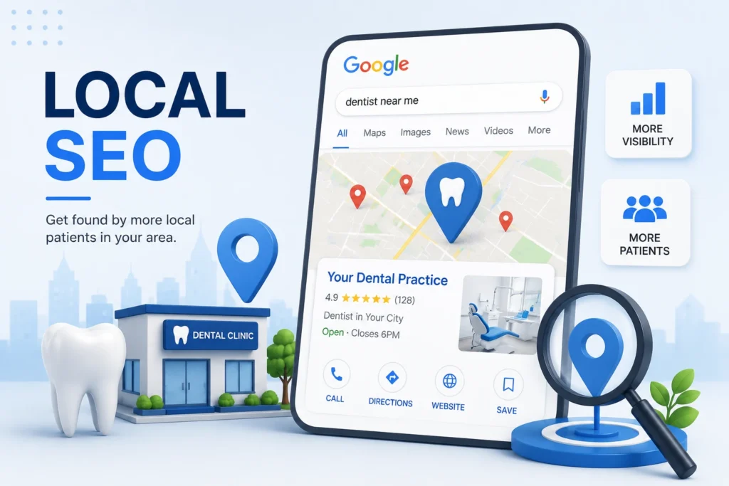 Local SEO for dental practices showing a dental clinic, map locations, and a Google-style “dentist near me” search