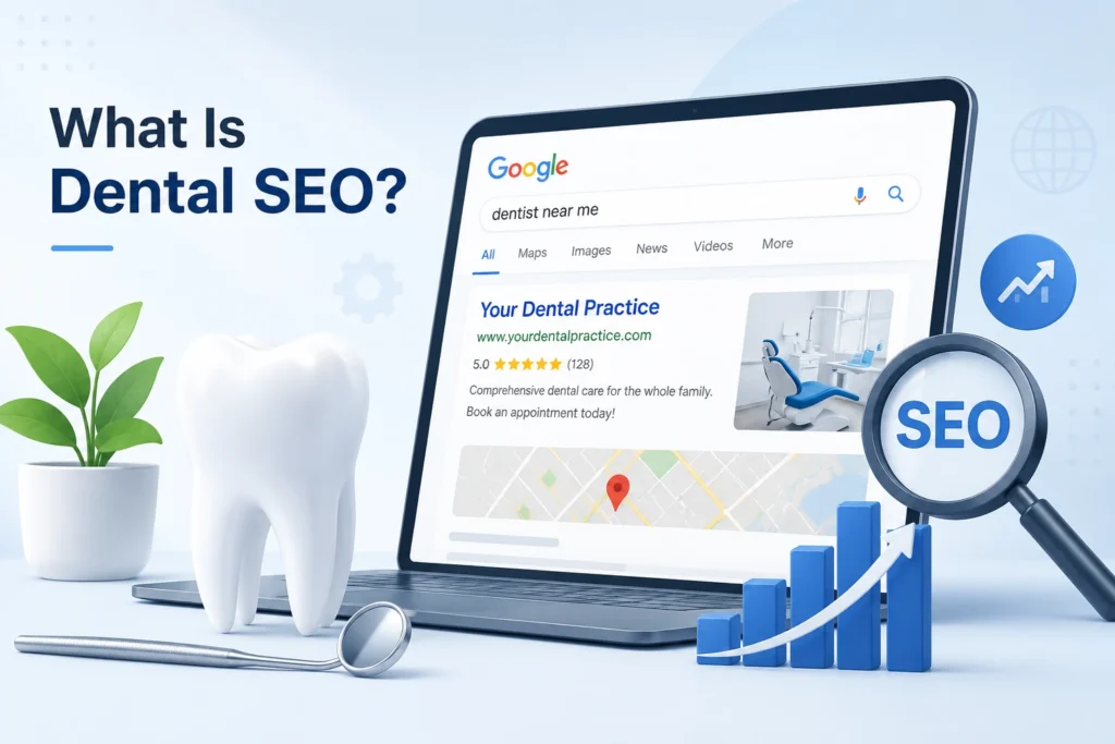 Dental SEO illustration showing a dental practice appearing in Google search results with SEO, analytics, and dental icons