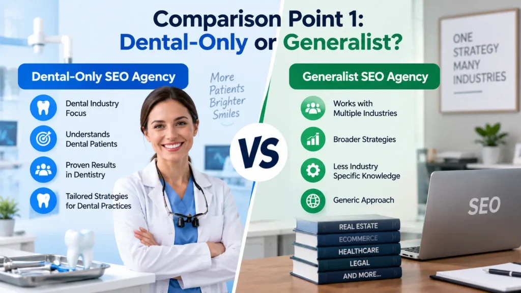 Dental-only SEO agency vs generalist SEO agency comparison for dental practices