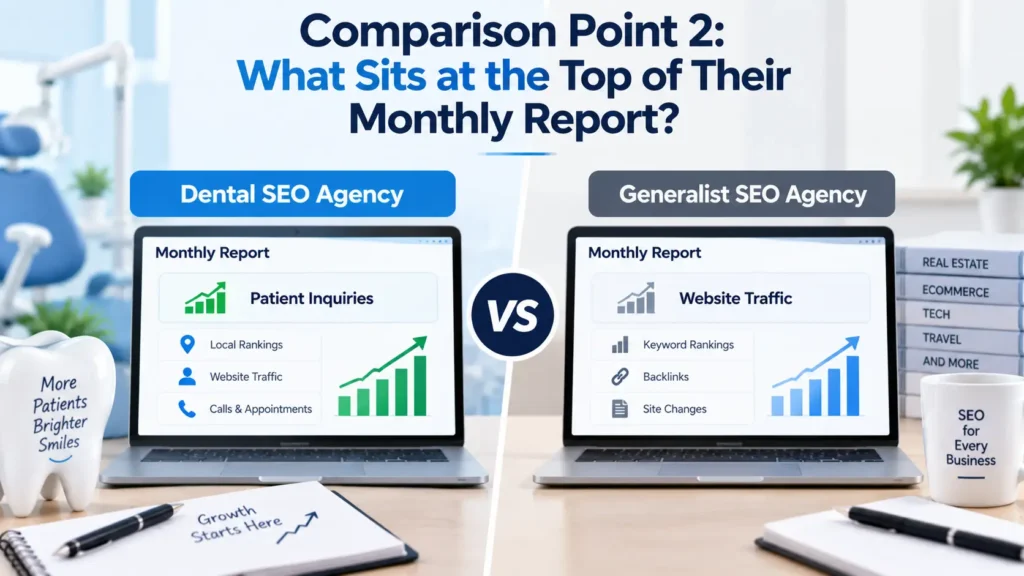 Dental SEO agency monthly report comparison showing patient inquiries versus website traffic metrics
