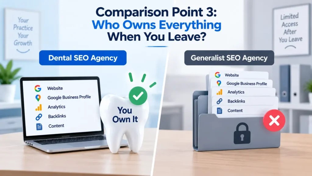 Dental SEO agency ownership comparison showing website, Google Business Profile, analytics, backlinks, and content access