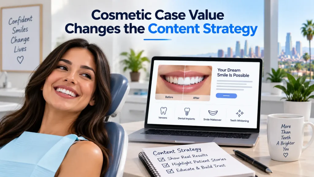 Infographic titled 'Cosmetic Case Value Changes the Content Strategy' showing a smiling woman relaxing in a dental chair, with a laptop displaying a before-and-after smile comparison, 'Your Dream Smile Is Possible' text, and icons for Veneers, Dental Implants, Smile Makeover, and Teeth Whitening; a notepad lists a content strategy checklist reading 'Show Real Results, Highlight Patient Stories, Educate & Build Trust,' with background signage reading 'Confident Smiles Change Lives.