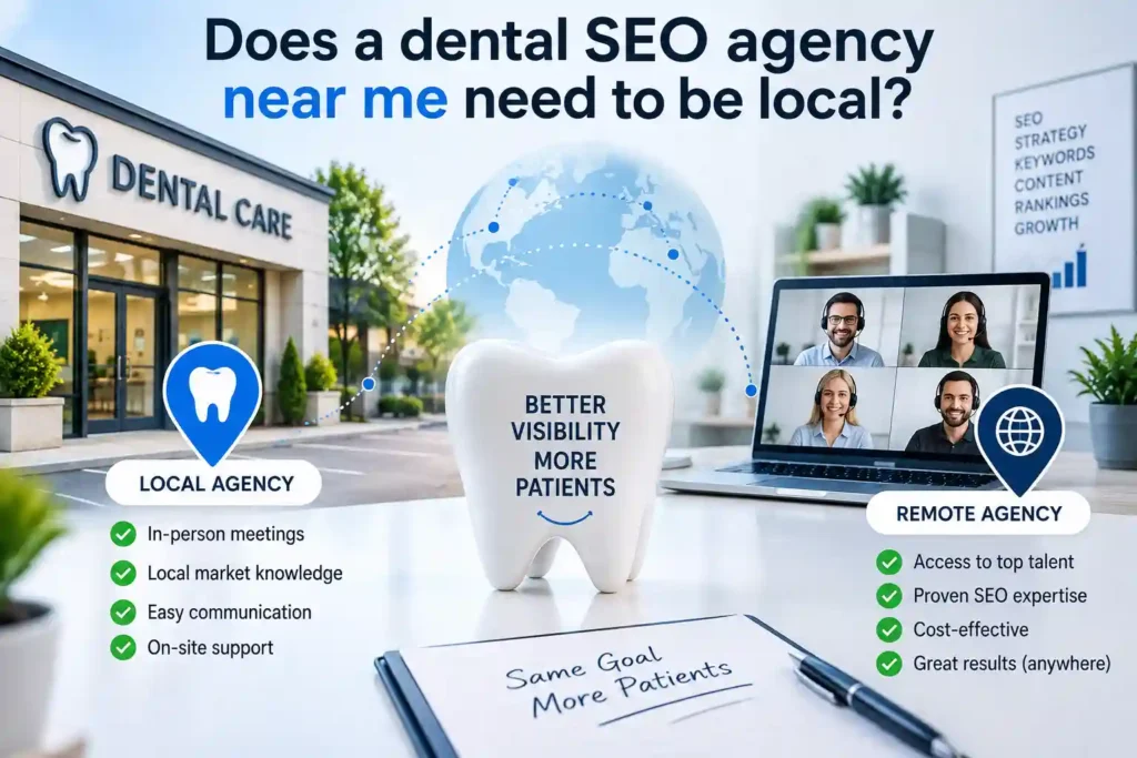 **Alt Text:**

> Does a dental SEO agency near me need to be local, comparing local and remote dental SEO agencies for better visibility and more patients.
