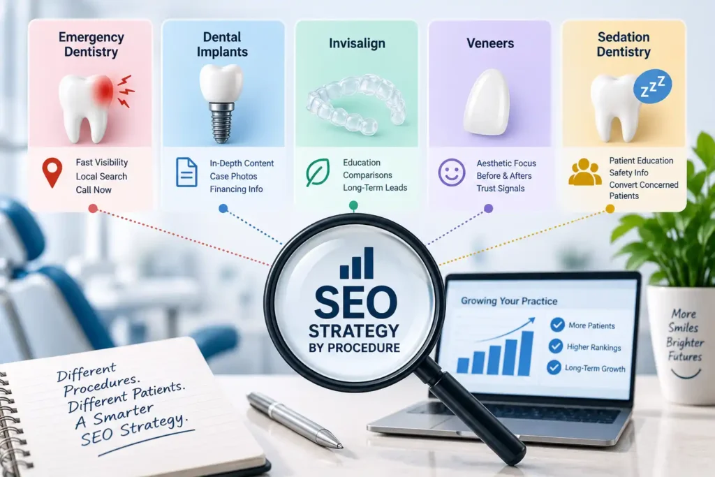 Dental SEO strategy infographic showing tailored SEO approaches for emergency dentistry, dental implants, Invisalign, veneers, and sedation dentistry, with growth analytics and procedure-specific marketing.