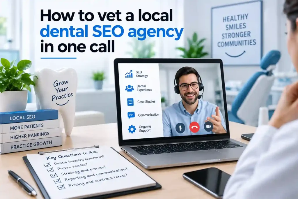 How to vet a local dental SEO agency in one call, featuring a video consultation, SEO strategy, dental experience, case studies, communication, reporting, and pricing questions.
