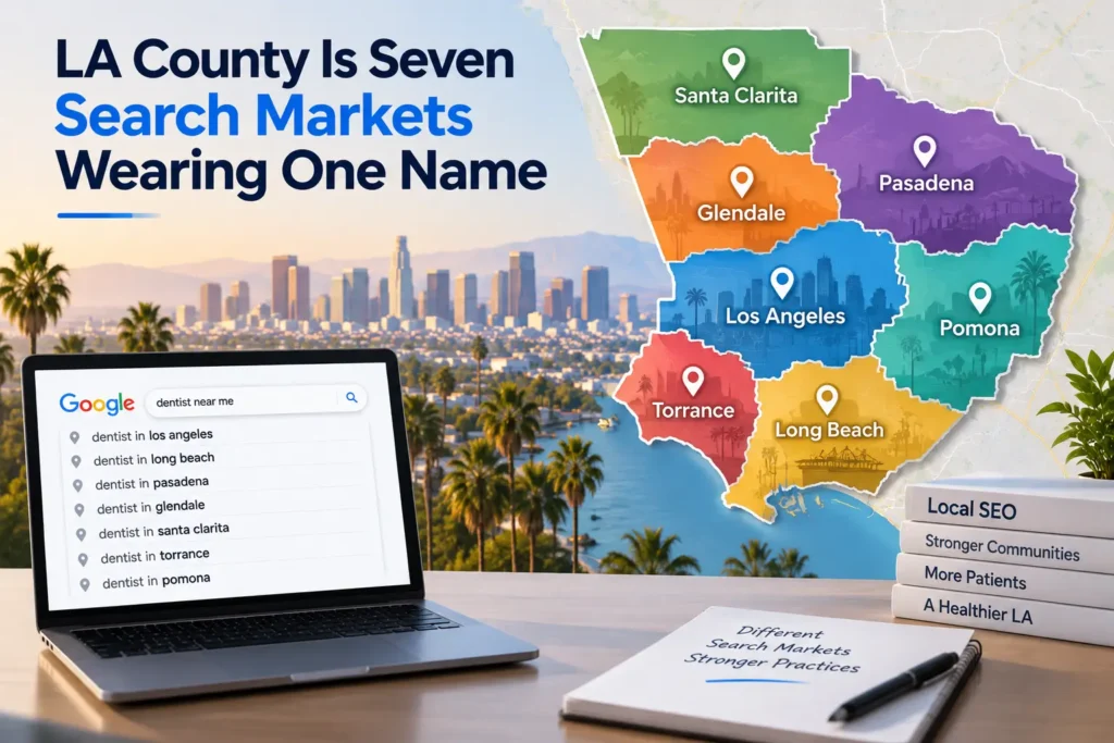 Map graphic showing LA County split into 7 local search markets (Santa Clarita, Glendale, Pasadena, LA, Pomona, Torrance, Long Beach) with a Google search example for local SEO