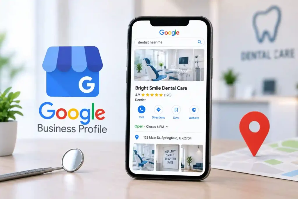 Google Business Profile for a dental clinic displayed on a smartphone, with a map pin and dental office background.