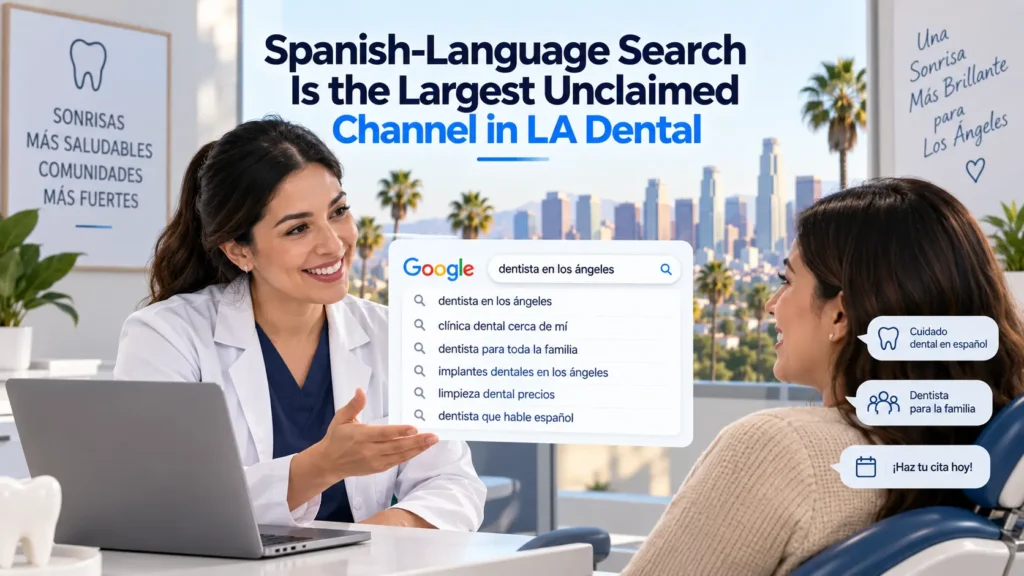 Infographic titled 'Spanish-Language Search Is the Largest Unclaimed Channel in LA Dental' showing a smiling female dentist in a white coat talking with a patient at a dental office, with a Google search overlay displaying Spanish-language queries like 'dentista en los ángeles,' 'clínica dental cerca de mí,' and 'dentista que hable español,' alongside speech bubbles reading 'Cuidado dental en español,' 'Dentista para la familia,' and '¡Haz tu cita hoy!', plus Spanish signage in the background reading 'Sonrisas Más Saludables, Comunidades Más Fuertes' and 'Una Sonrisa Más Brillante para Los Ángeles.'