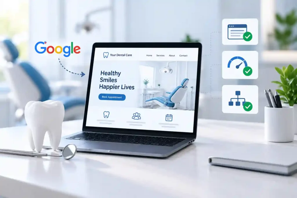 Modern dental SEO website displayed on a laptop with Google search, technical SEO checkmarks, and a dental clinic setting.