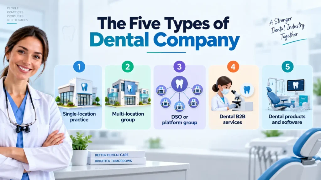 The five types of dental company: single-location practice, multi-location group, DSO or platform group, dental B2B services, and dental products and software