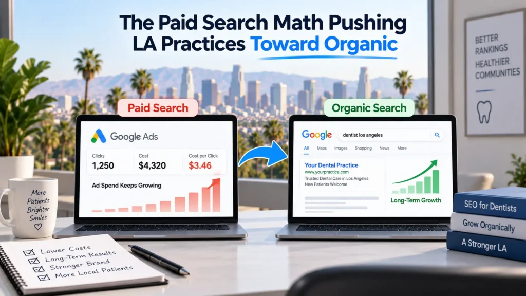 Comparison graphic of paid Google Ads vs organic search results for a dental practice, highlighting rising ad costs vs long-term organic growth