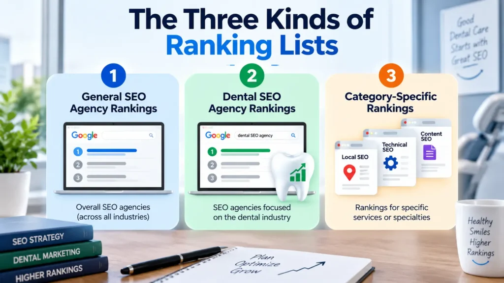 Three types of dental SEO agency ranking lists including general SEO, dental SEO, and specialty-specific rankings
