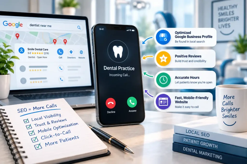 Dental SEO and local search optimization showing a dentist near me search, incoming patient call, Google Business Profile, reviews, accurate hours, and a mobile-friendly website.