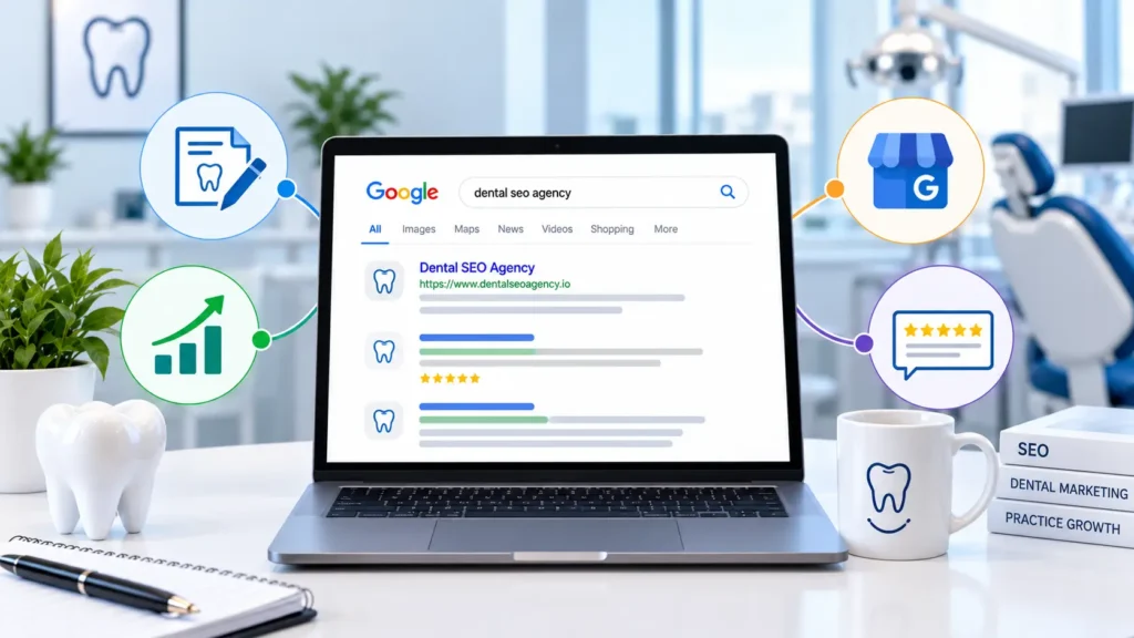 Modern dental SEO workspace with a laptop showing a dental website, surrounded by visual callouts for dental-specific content, patient conversions, Google Business Profile, reviews, and compliance.