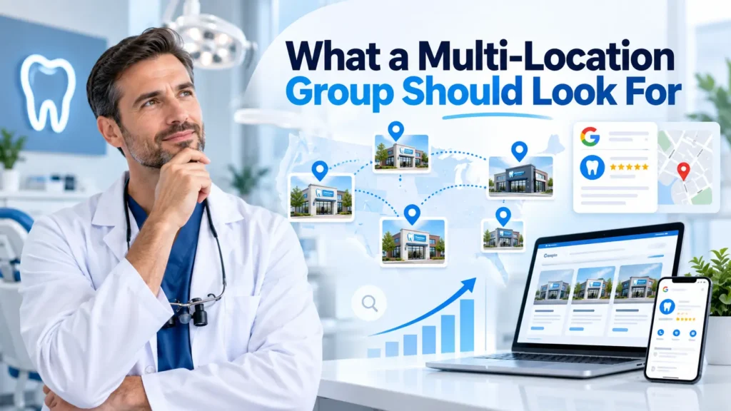 What a multi-location dental group should look for in an SEO agency — map pins across clinic locations with Google Business Profile listings and growth chart