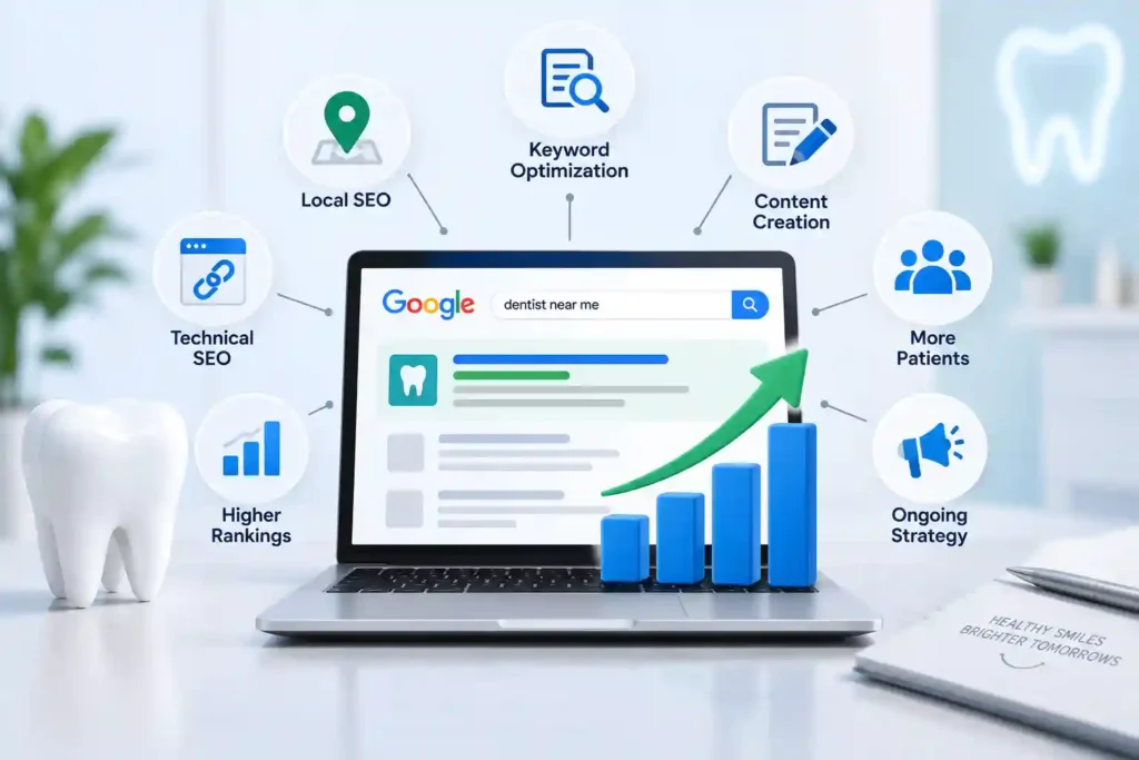 Dental SEO services infographic showing local SEO, technical SEO, keyword optimization, content creation, and higher Google rankings to attract more patients searching 'dentist near me
