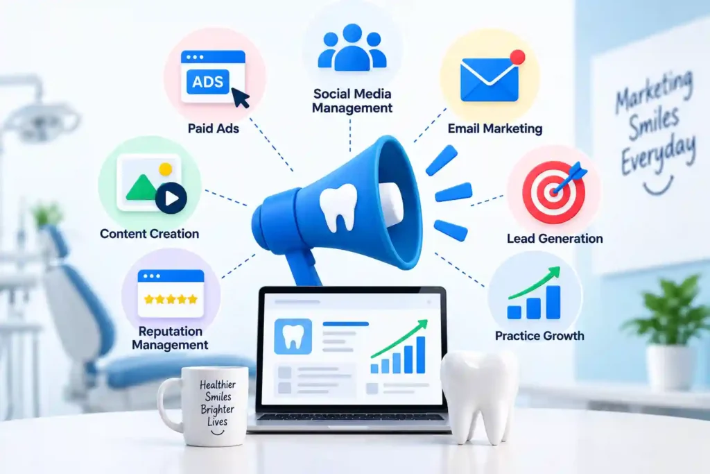 Dental marketing agency services infographic showing paid ads, social media management, email marketing, lead generation, content creation, reputation management, and practice growth for dental clinics