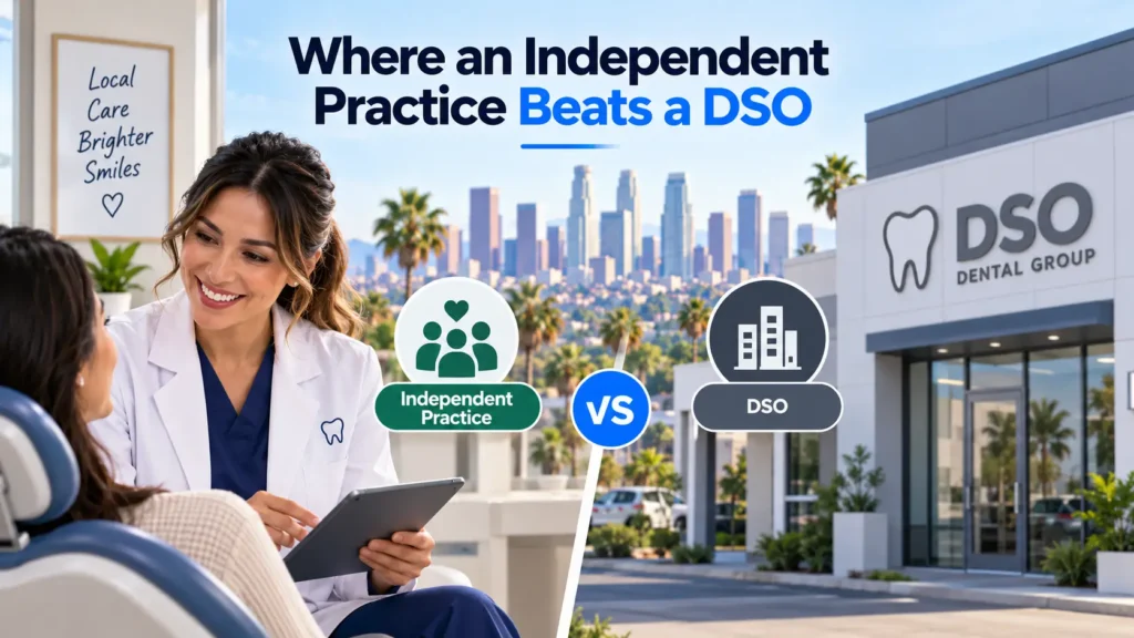 Split-screen comparison of a warm independent dental practice versus a corporate DSO office building, illustrating independent practice vs DSO differences.