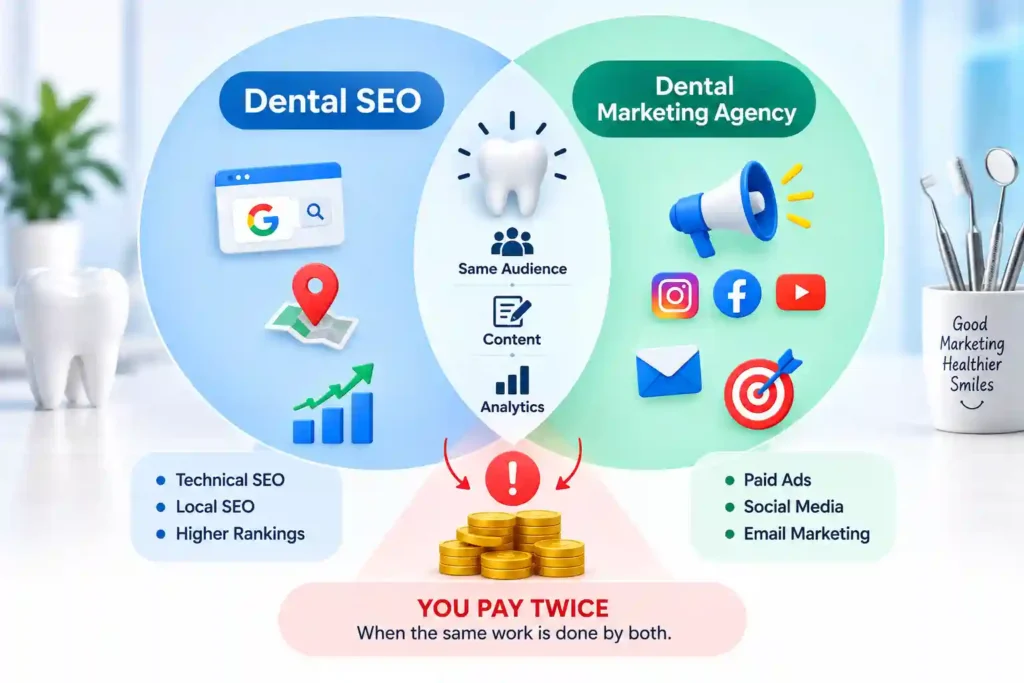 Venn diagram comparing Dental SEO vs Dental Marketing Agency showing overlapping services like content, analytics, and same target audience, with a warning that paying both separately means paying twice for the same work