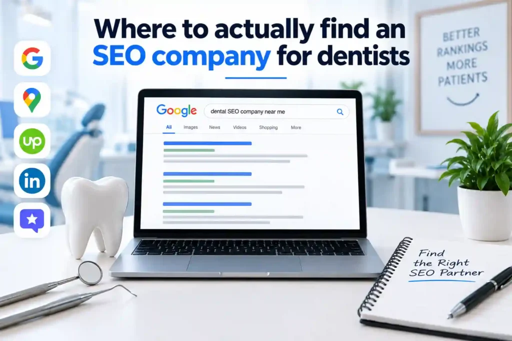 Where to actually find an SEO company for dentists, showing Google search, Google Maps, freelance platforms, LinkedIn, and dental SEO research.