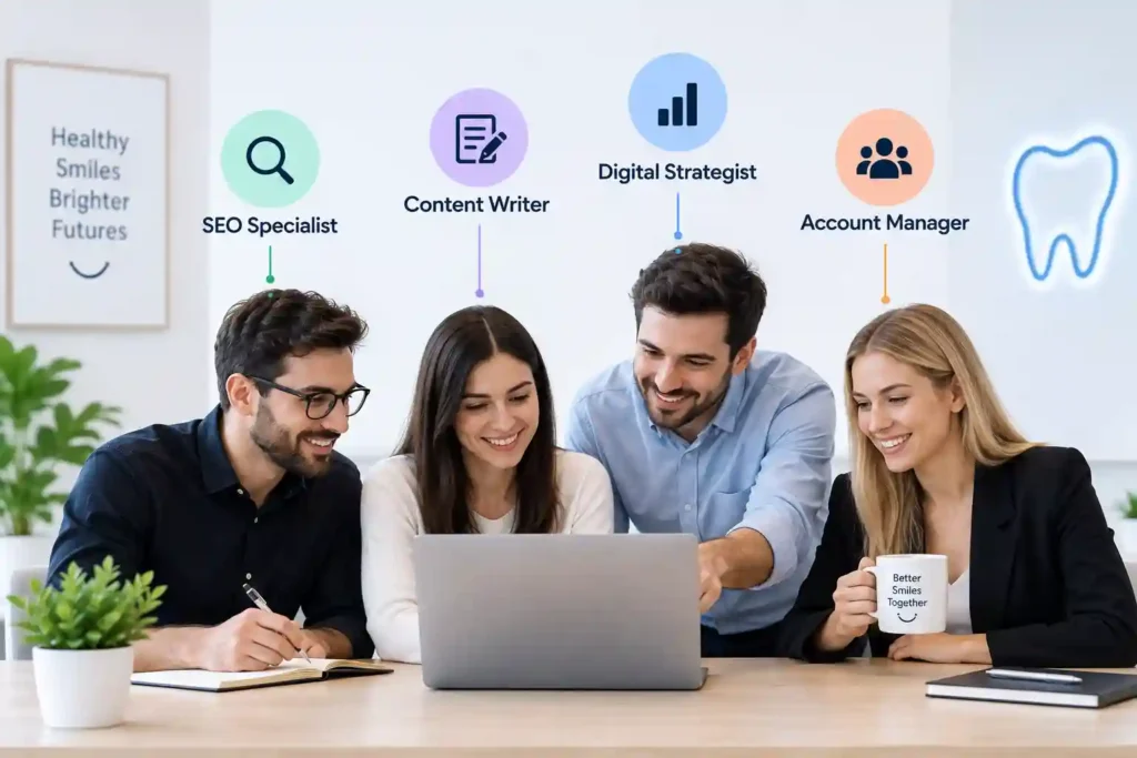 Dental SEO agency team collaborating on a laptop, with SEO specialist, content writer, digital strategist, and account manager roles shown above them.