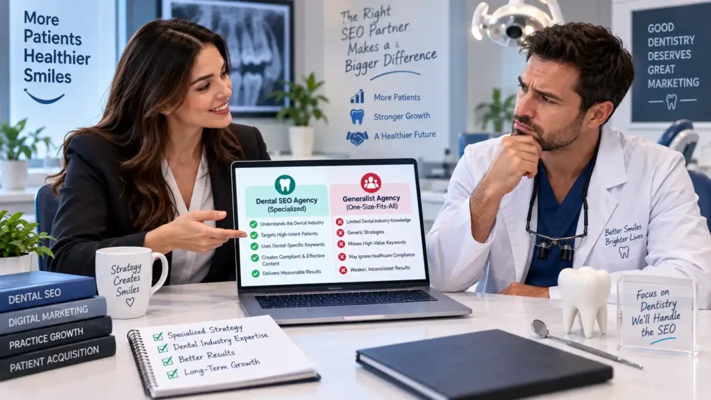 Dental SEO agency strategy meeting with dentist discussing patient growth and digital marketing on a laptop