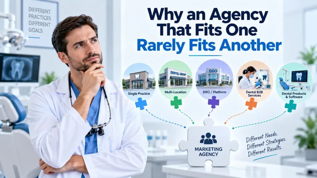 Puzzle graphic showing why one marketing agency rarely fits all five dental business types, each needing a different SEO strategy