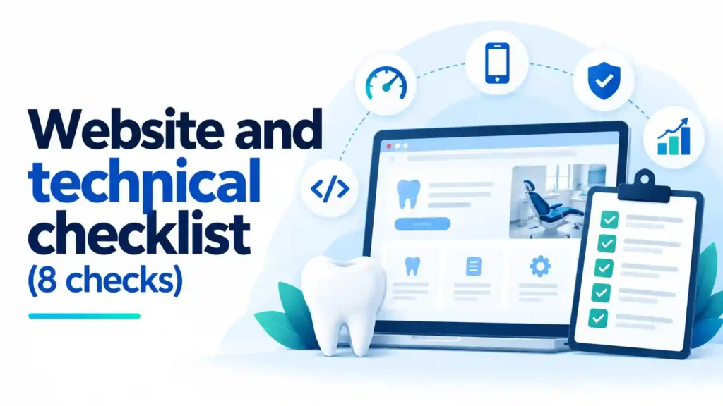 Website and technical SEO checklist for dental practices, covering website speed, mobile responsiveness, security, analytics, and technical optimization.