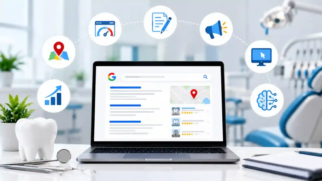 Dental SEO digital marketing services with local SEO, technical SEO, content marketing, paid ads, website optimization, AI search visibility, and performance reporting.