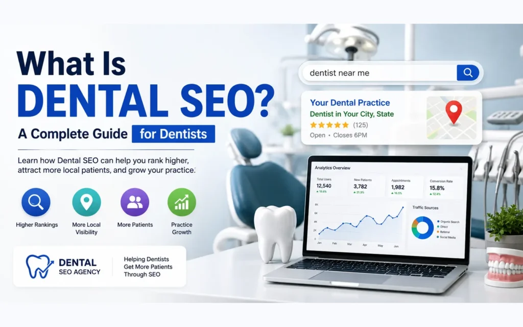 What Is Dental SEO complete guide for dentists, showing Google search visibility, local patients, rankings, and dental practice growth