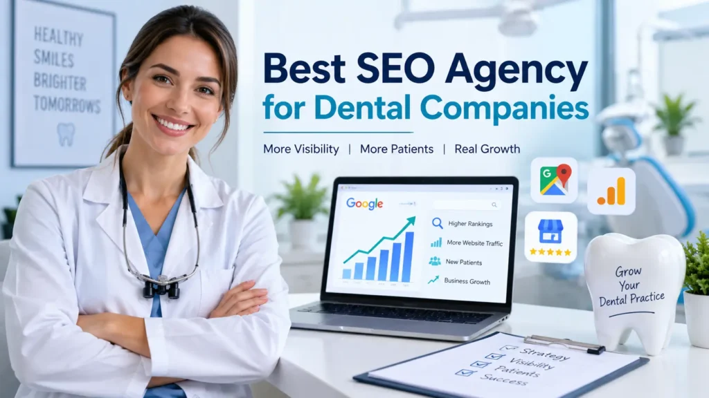 Best SEO agency for dental companies dentist beside a laptop showing higher rankings, more website traffic and new patient growth