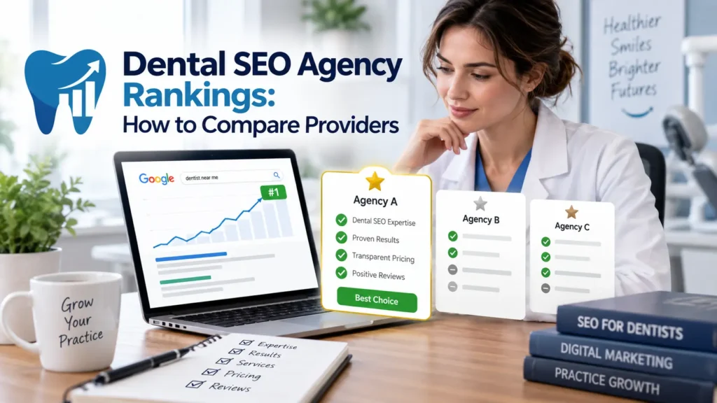 Dental SEO agency rankings comparison showing SEO results, expertise, pricing, and reviews for dental practices