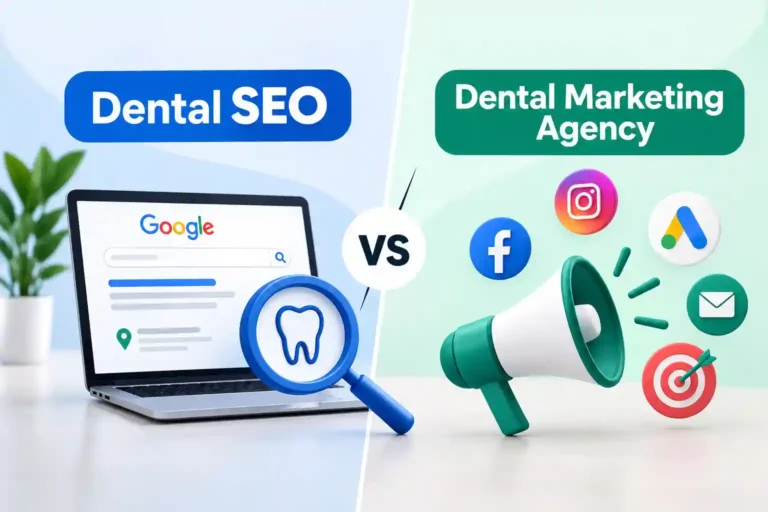 Comparison graphic of Dental SEO vs Dental Marketing Agency, showing Google search ranking on one side and social media and paid ads icons like Facebook, Instagram, Google Ads on the other