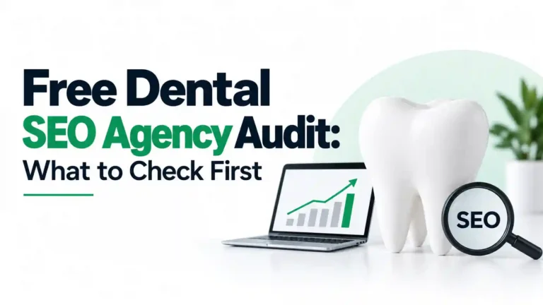Free dental SEO agency audit graphic showing a tooth, SEO analytics, and a laptop with a growth chart.