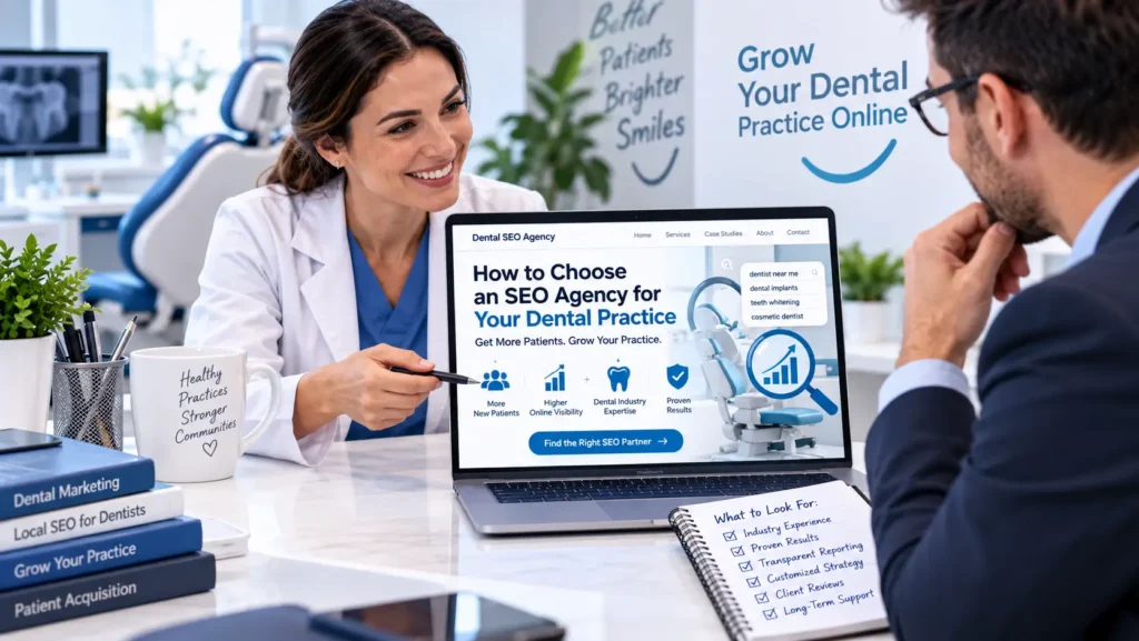 Dentist consulting with an SEO agency owner about choosing a dental SEO agency for practice growth
