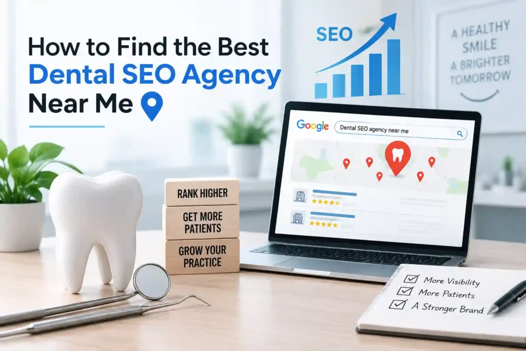 How to find the best dental SEO agency near me, featuring a dental office, SEO growth chart, Google search results, tooth model, and ranking strategy.