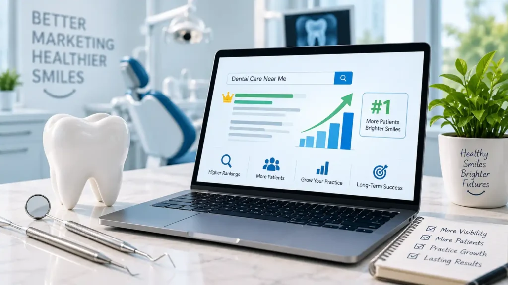 Modern dental SEO workspace with a laptop showing local search rankings, growth analytics, and a dental practice website, alongside a tooth model and dental tools.