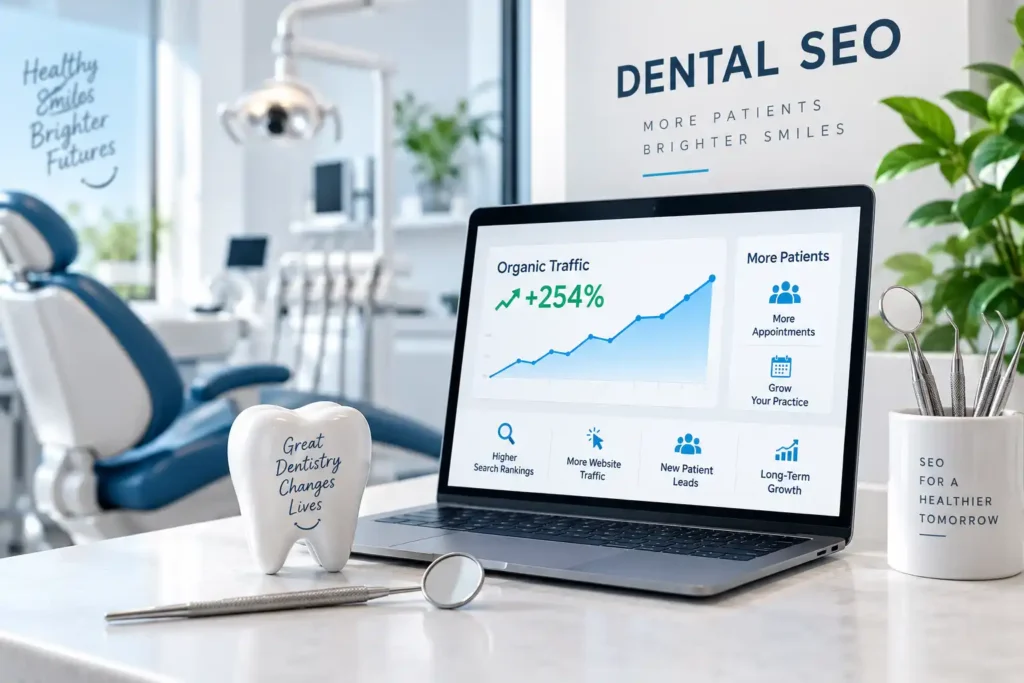 Modern dental SEO workspace with a laptop showing organic traffic growth, search rankings, and patient appointment analytics.