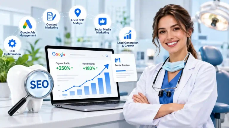 Dental SEO digital marketing agency services including local SEO, Google Ads, content marketing, and patient growth